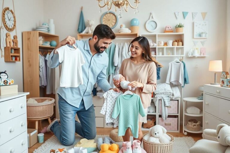Casal preparando o quarto do bebê cheio de roupas e brinquedos.