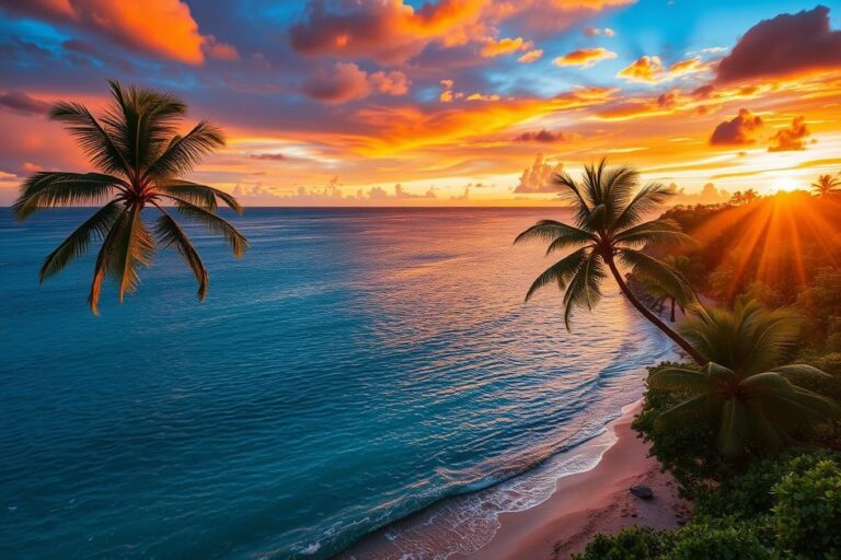 Pôr do sol em paisagem tropical da América Central com água e palmeiras.