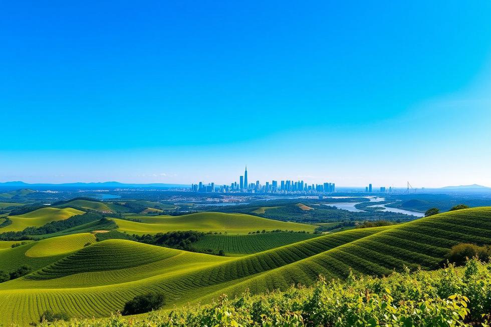 Paisagem do Rio Grande do Sul com vinhedos e horizonte de Porto Alegre.
