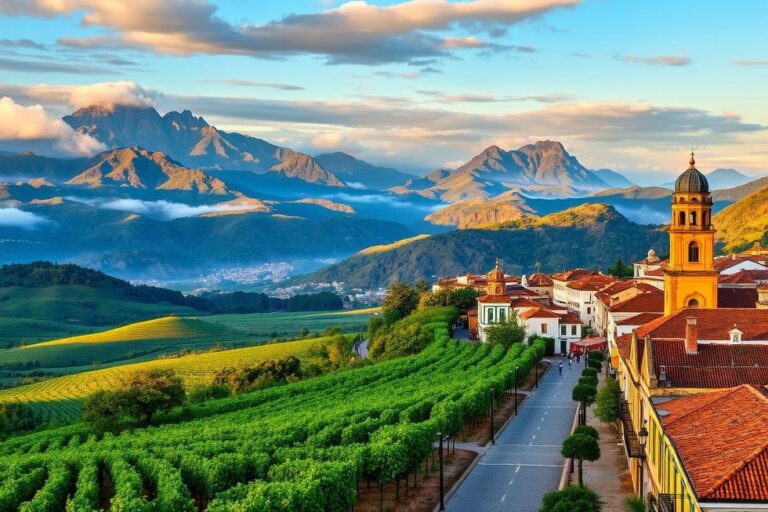 Diversas paisagens do Rio Grande do Sul, incluindo montanhas, vinhedos e cidades históricas.