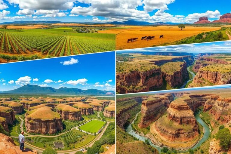 Montagem de atrações do Rio Grande do Sul incluindo vinhedos, campos e cânions.