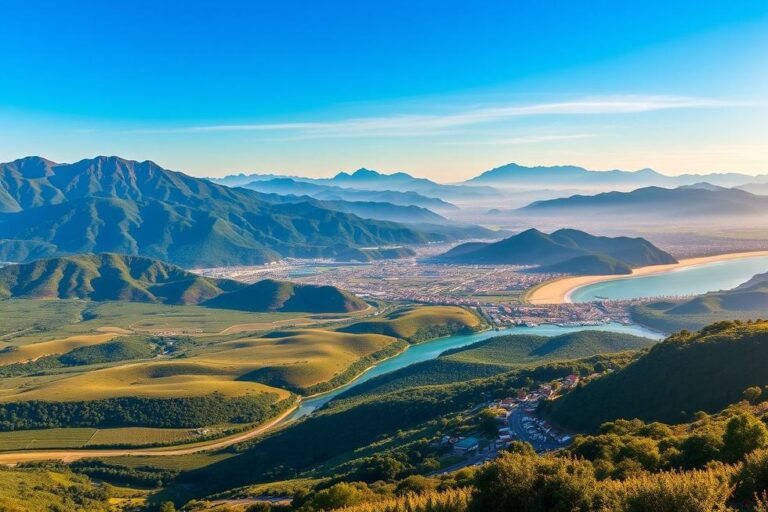 Vista deslumbrante das variadas paisagens do Rio Grande do Sul, mostrando montanhas, vinhedos e áreas costeiras.