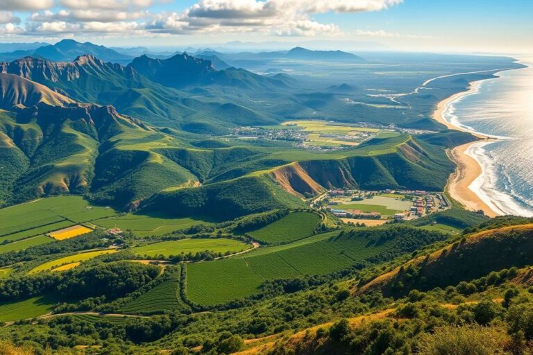 Paisagem variada do Rio Grande do Sul com montanhas, vinhedos e costa.