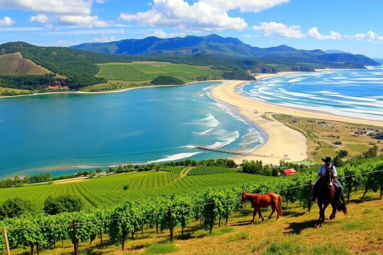 Cenário do Rio Grande do Sul com vinhedos, praias e elementos gaúchos