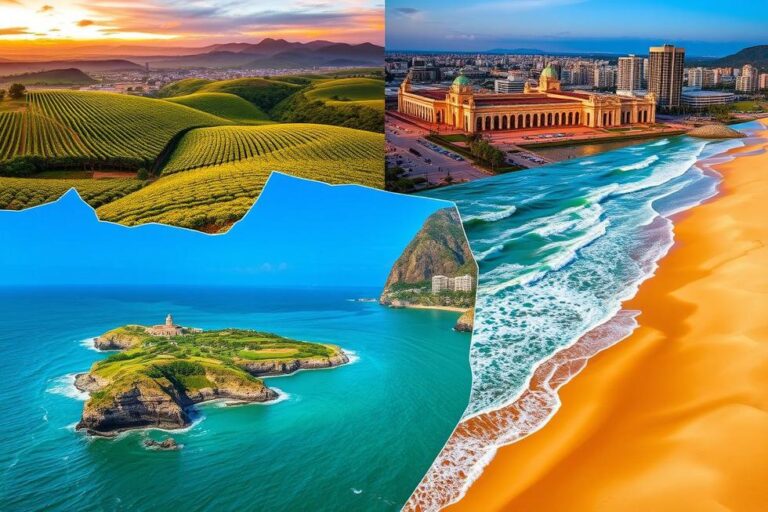 Colagem de paisagens do Rio Grande do Sul mostrando natureza e cultura.