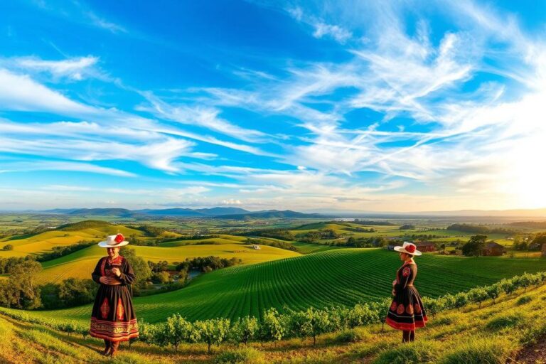 Paisagem do Rio Grande do Sul com vinhedos e cultura tradicional gaúcha.