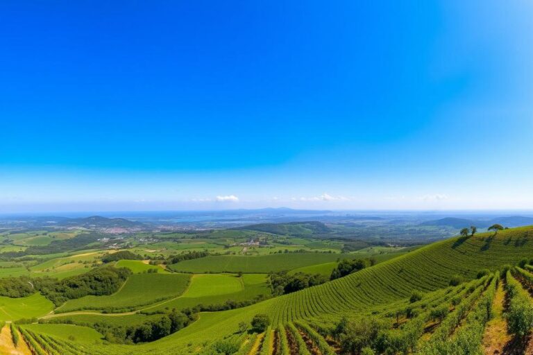 Cenário do Rio Grande do Sul com colinas verdes e vinhedos.