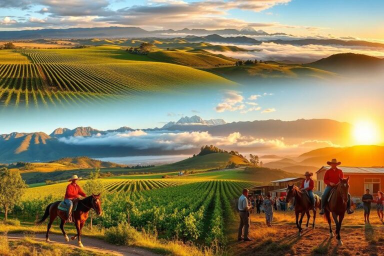 Montagem das paisagens do Rio Grande do Sul com vinhedos e montanhas.