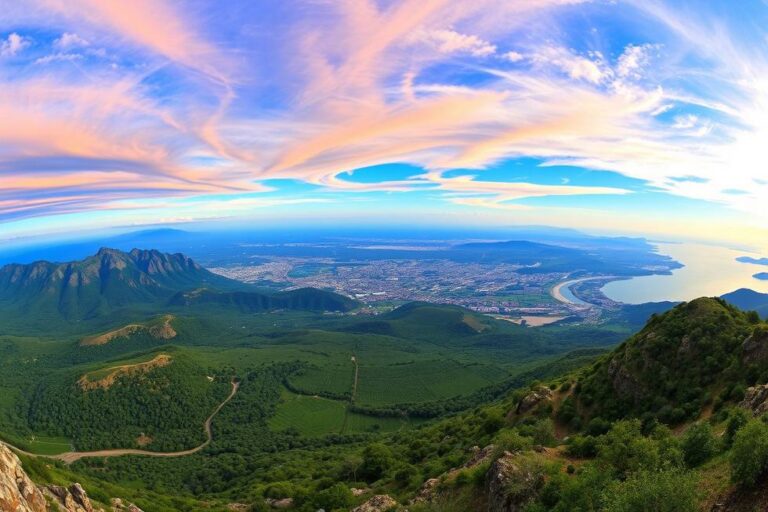 Paisagens variadas do Rio Grande do Sul, destacando montanhas e vinhedos.