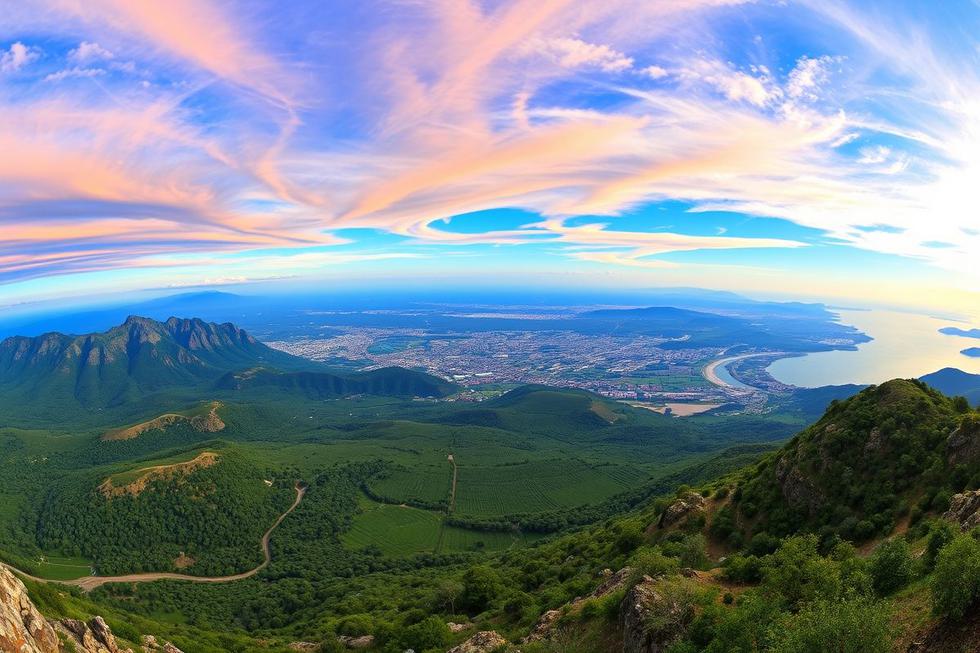 Paisagens variadas do Rio Grande do Sul, destacando montanhas e vinhedos.