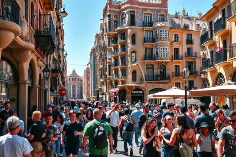 Ruas de Barcelona cheias de turistas e artistas de rua