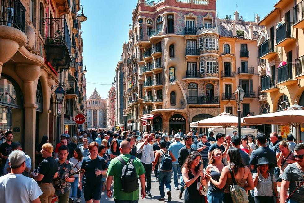 Ruas de Barcelona cheias de turistas e artistas de rua