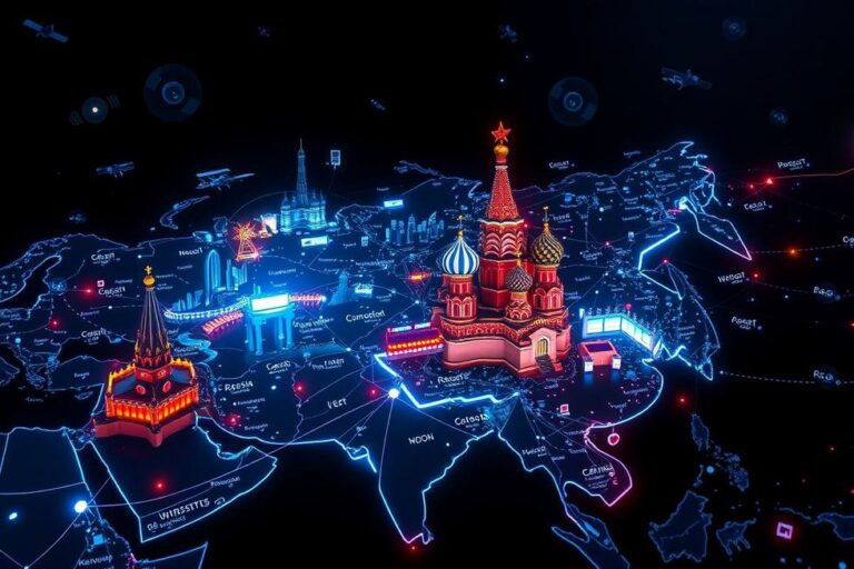 Representação da influência russa na tecnologia e política global.
