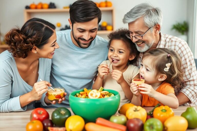 Família se divertindo com lanches saudáveis