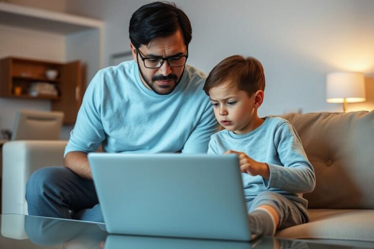 Pai discutindo segurança online com a criança usando um laptop.
