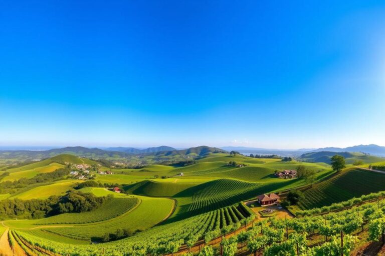 Vista panorâmica das vinícolas da Serra Gaúcha, com colinas verdejantes.