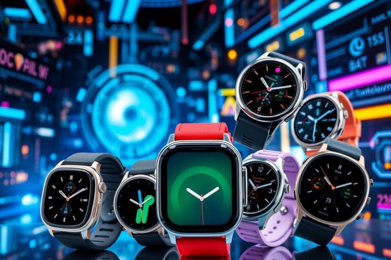 Diferentes modelos de smartwatches representando inovações tecnológicas.