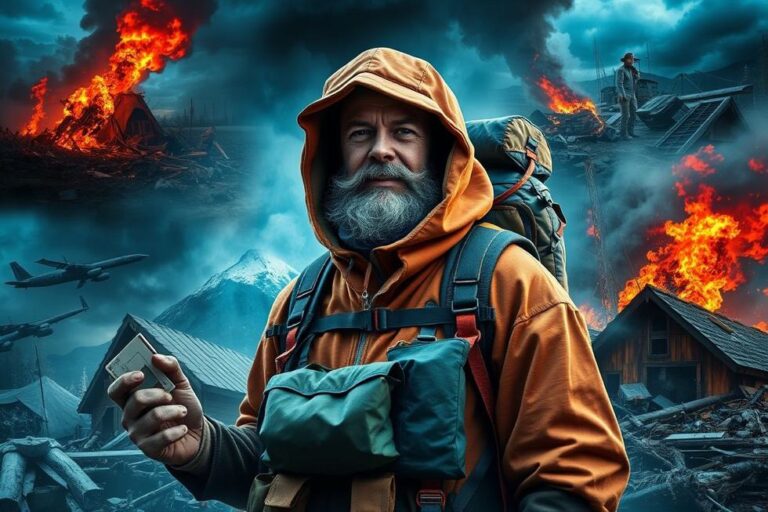 Pessoa equipada com ferramentas de sobrevivência em cenários de desastres naturais.