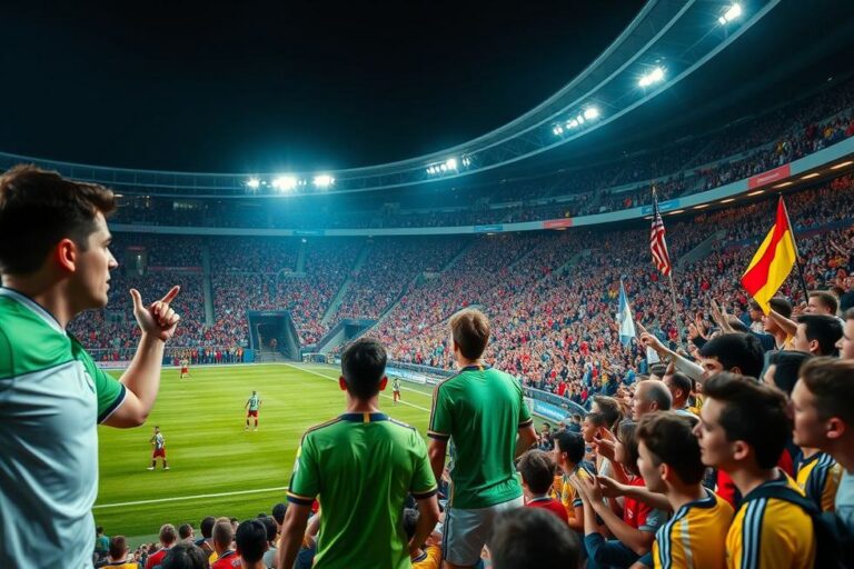 Torcedores animados em um estádio de futebol.