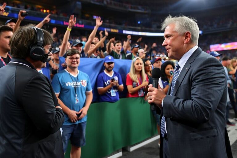 Um jornalista esportivo se preparando para uma entrevista, com fãs animados por trás.