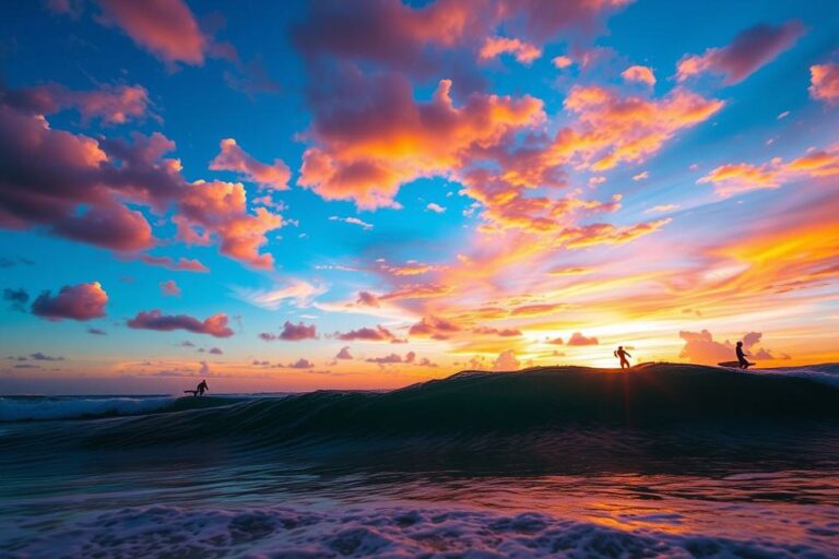Surfistas ao pôr do sol, refletindo um momento de liberdade.
