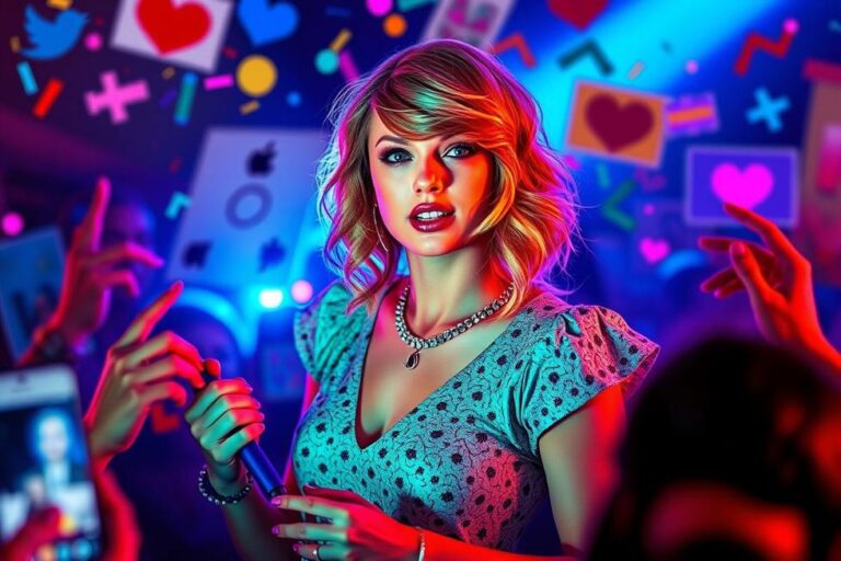 Taylor Swift interagindo com seus fãs em um ambiente animado.