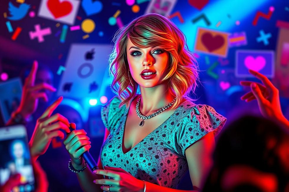 Taylor Swift interagindo com seus fãs em um ambiente animado.