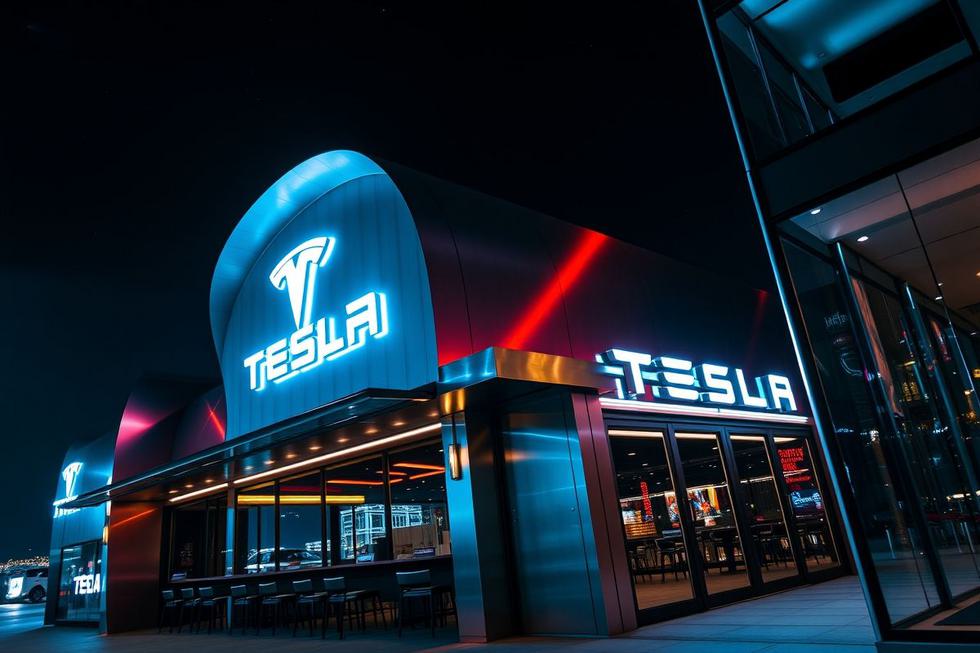 Exterior do restaurante Tesla iluminado de forma inovadora.