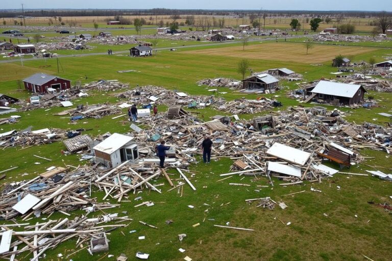 Paisagem devastada por um tornado com pessoas ajudando umas às outras.