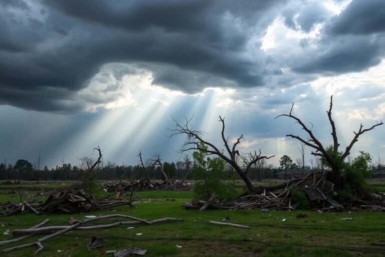 Cenário pós-tornado com destruição visível e céu claro.
