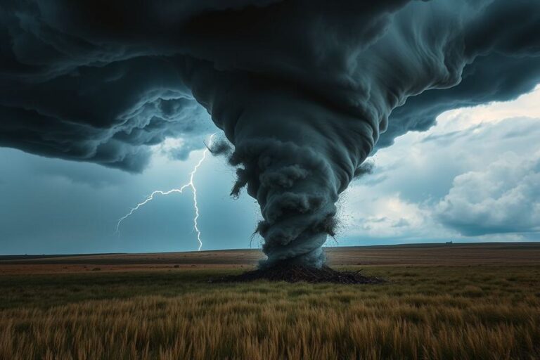 Cena dramática de um tornado tocando o solo em um campo aberto, cercado por nuvens de tempestade.