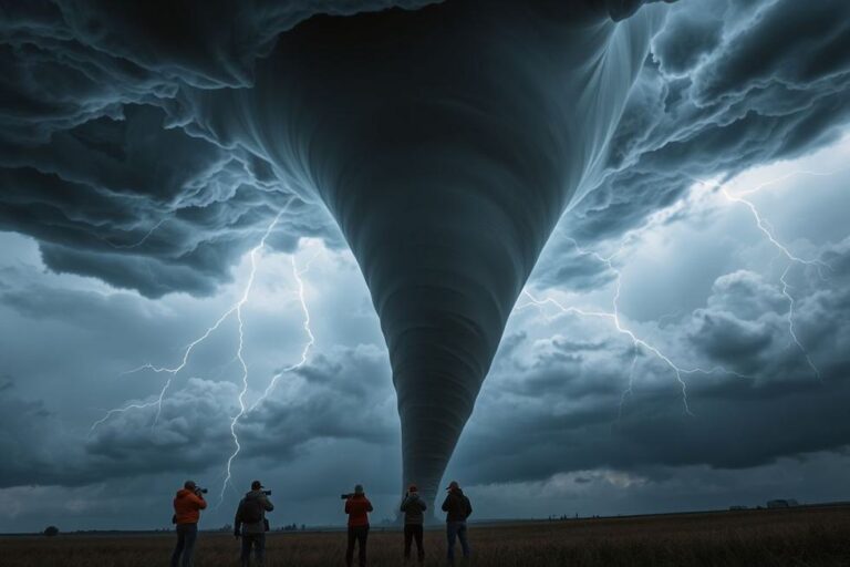 Tornado em ação com nuvens escuras ao redor.