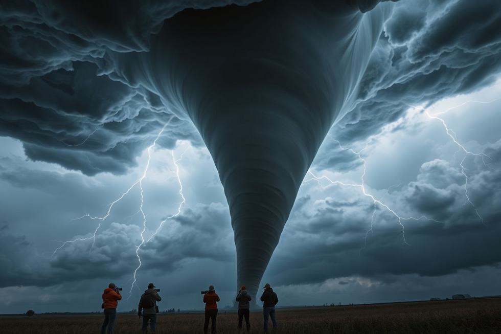 Tornado em ação com nuvens escuras ao redor.