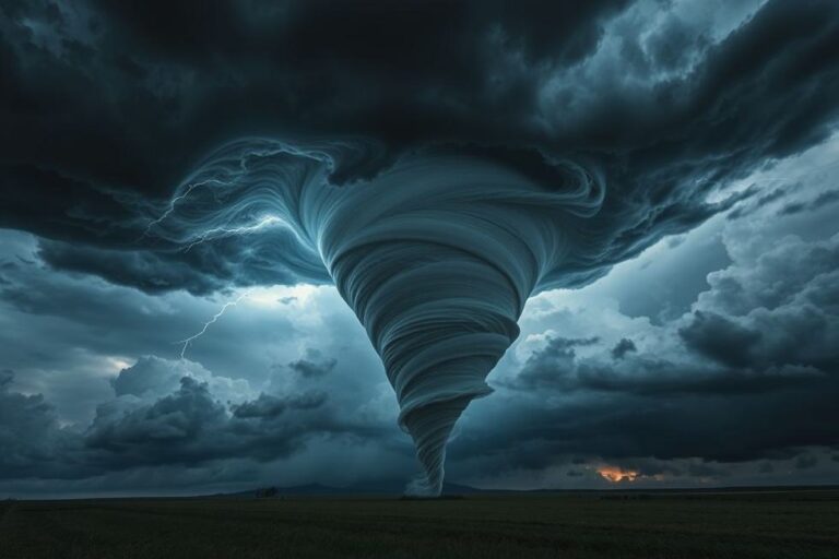 Um tornado girando com nuvens escuras ao fundo.