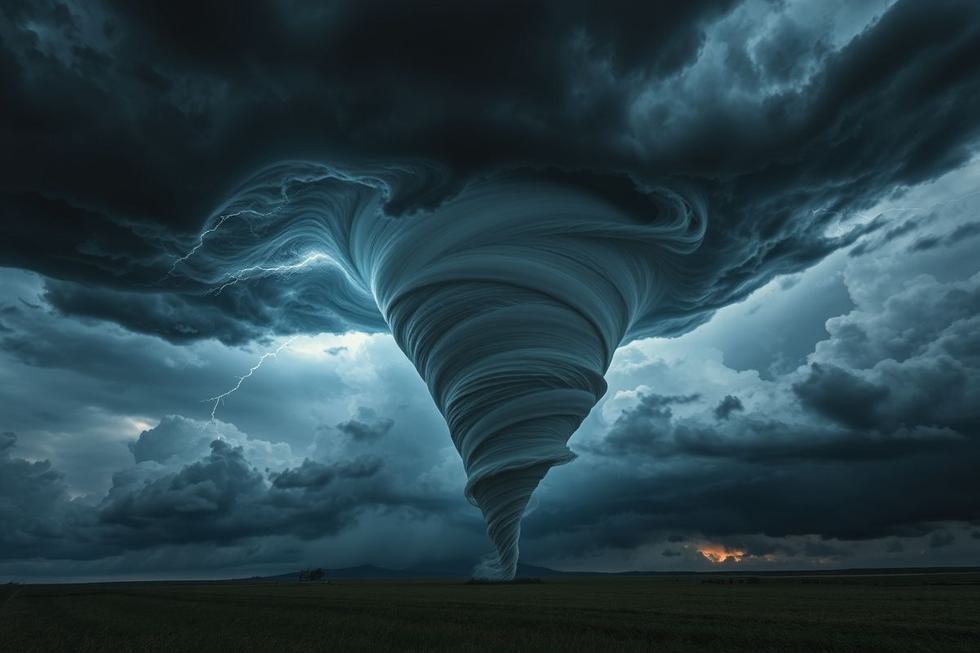 Um tornado girando com nuvens escuras ao fundo.