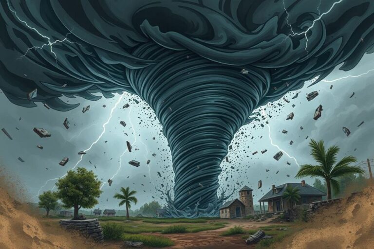 Tornado em plena força com detritos ao redor.