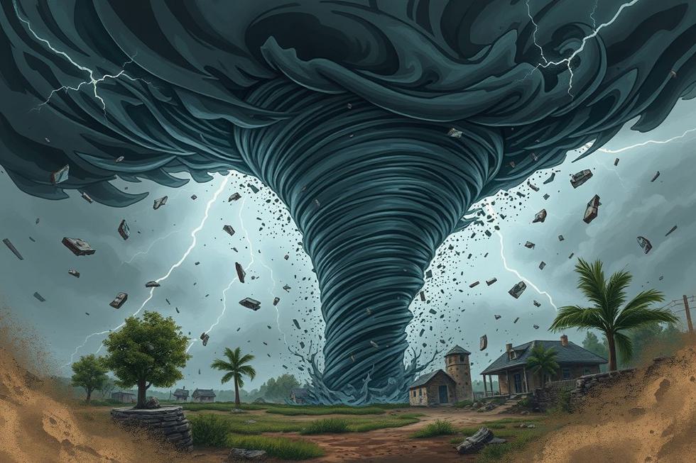 Tornado em plena força com detritos ao redor.