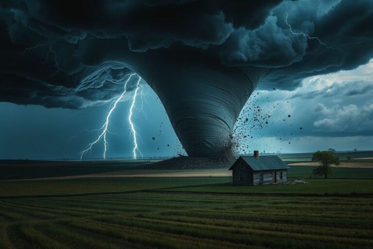 Tornado causando destruição em um campo.