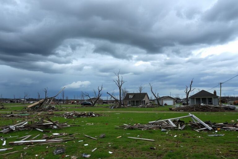 Paisagem destruída por um tornado.