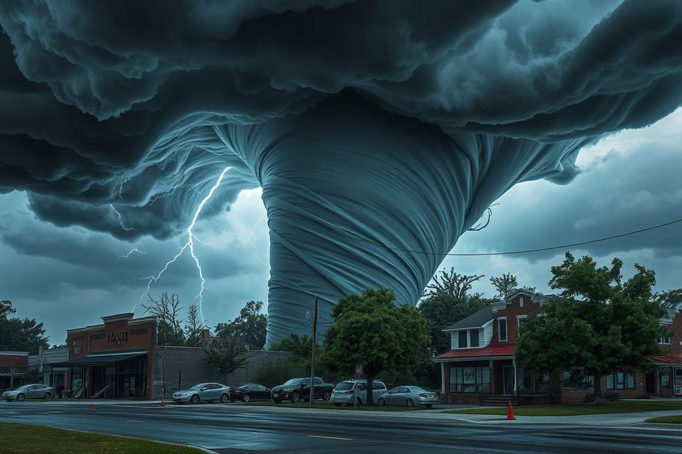 Tornado causando destruição em uma cidade, com nuvens escuras e danos estruturais visíveis.