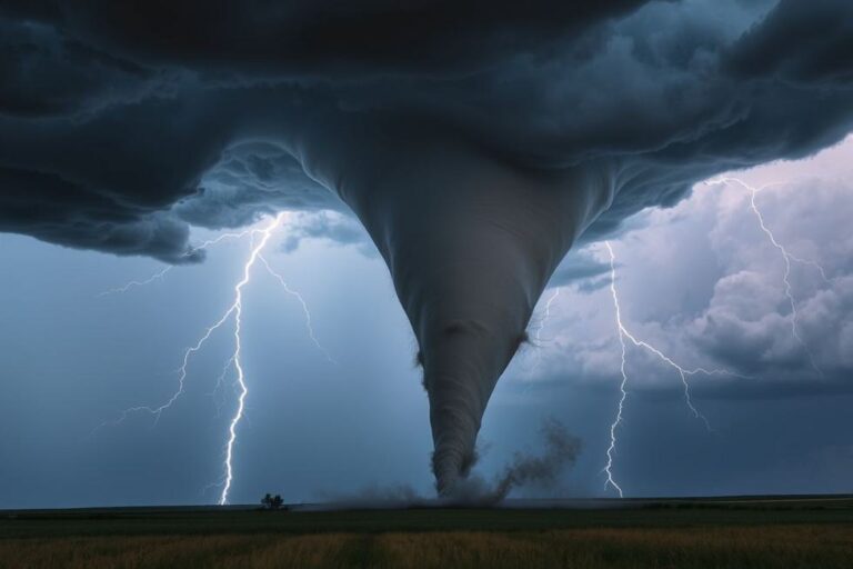 Um tornado poderoso se formando sob nuvens de tempestade.
