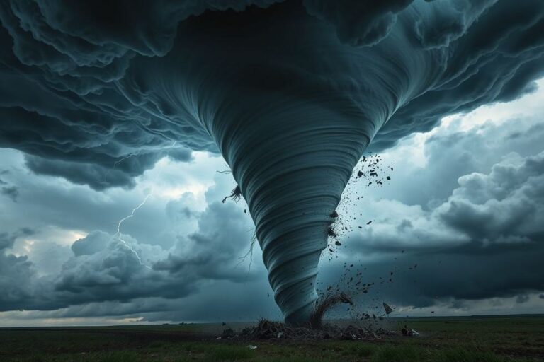 Um tornado mostrando sua força, com detritos ao redor.