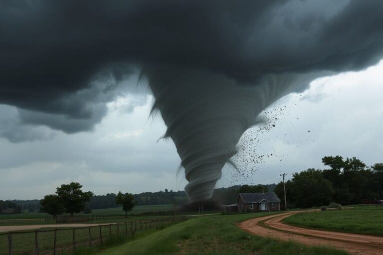 Tornado devastador em uma paisagem rural.