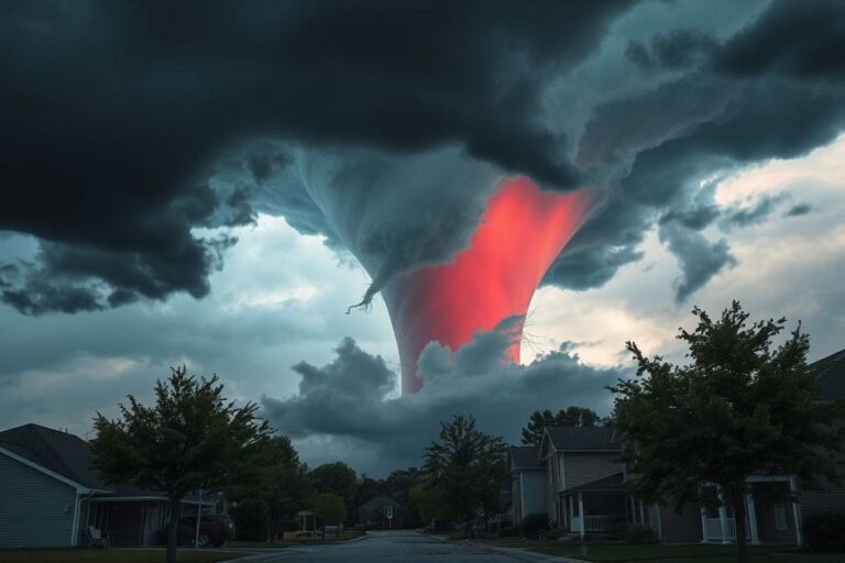 Tornado se formando em uma área residencial.