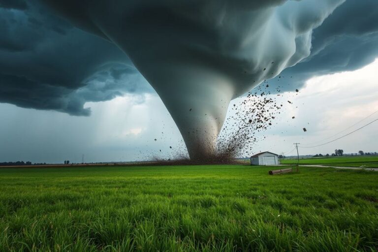 Tornado devastador em um campo, mostrando seu poder destrutivo.