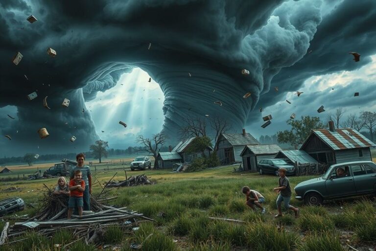 Imagem mostrando os efeitos de um tornado em uma área rural, com pessoas se abrigando.