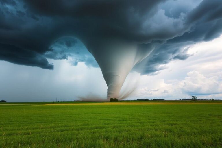 Imagem de um tornado tocando o solo em um campo aberto, envolvendo um céu dramático.