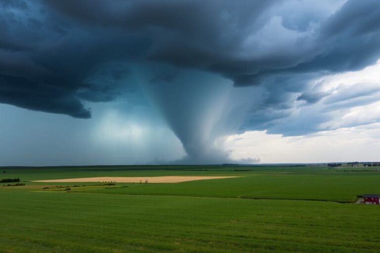 Paisagem ampla mostrando um tornado ao fundo sob nuvens escuras.