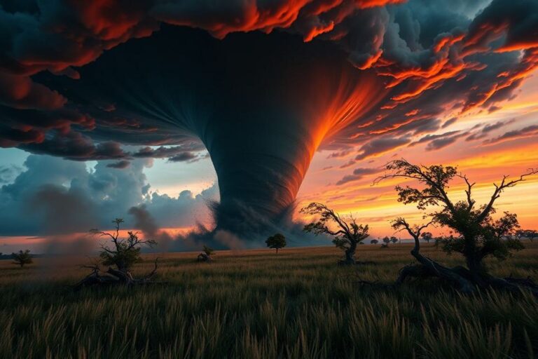 Um tornado aterrorizante avançando sobre uma paisagem rural.