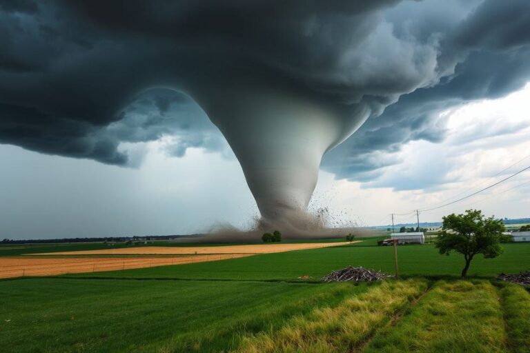 Cenário de um tornado na área rural, mostrando a força e a beleza do fenómeno.